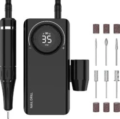 Professional Rechargeable Electric Nail Drill Machine 35000 Rpm With 6 Bits And Lcd Display Powerful Quiet For Manicure Pedicureblack