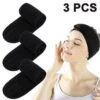 Facial Spa Headband, 3pcs Make Up Headband, Non-slip Stretch Hair Wrap With Adjustable Magic Tape For Face Washing, Shower, Facial Mask, Yoga Black
