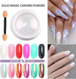 2 Pack Chrome Nail Powder, Pearl White Chrome Powder Holographic Mirror Glitter Neon Nail Powder, Magic Chameleon Metallic Shell Chrome Powder For Nai
