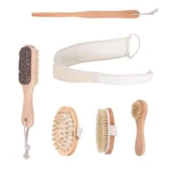 Dry Brushing Body Brush Set Lymphatic Drainage Skin Exfoliating - Natural Bristle Spa Kit - Long Handle Back Scrubber, Massager Face Exfoliator Fo